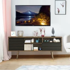 Costway Modern TV Stand/Console Cabinet 3 Shelves Storage Drawer Splayed Leg Wood/Black -Baxton Studio Shop GUEST 8f97f81b e6ca 44b2 a4ea 17641ad9a9a6