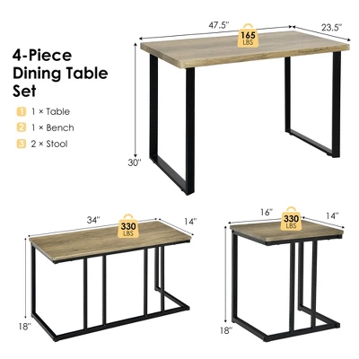 Costway 4-Piece Dining Table Set Industrial Dinette Set Kitchen Table W/Bench & 2 Stools 1 Costway 4-Piece Dining Table Set Industrial Dinette Set Kitchen Table W/Bench & 2 Stools