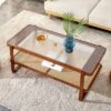 Modern Rattan Coffee Table,Rectangular Center Table With Tempered Glass Tabletop,2 Tier Wood Tea Table For Living Room Office Bedroom