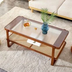Modern Rattan Coffee Table,Rectangular Center Table With Tempered Glass Tabletop,2 Tier Wood Tea Table For Living Room Office Bedroom