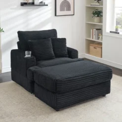 NicBex Couches For Living Room 39" Single Chaise Lounge Chair Corduroy Upholstered Sofa Sleeper Chair With Ottoman And Cup Holders