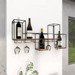 Metal Geometric 7 Bottle Wall Wine Rack With 5 Glass Holder Slots Black - Olivia & May -Baxton Studio Shop GUEST 91a0c835 bcc1 4716 a34b d82e0529c324