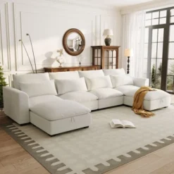Modular Sofa With 2 Storage Ottomans, U-shaped Sofa Couch, Freely Transformable, Beige/Gray/Blue-ModernLuxe