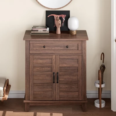 Set Of 2 Rustic Storage Cabinet Adjustable 3-Tier, Farmhouse Entryway Organizer With Slatted Doors, Kitchen Storage Cabinet With Large Drawer 2 Set Of 2 Rustic Storage Cabinet Adjustable 3-Tier, Farmhouse Entryway Organizer With Slatted Doors, Kitchen Storage Cabinet With Large Drawer - Image 2