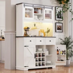 71" Farmhosue Pantry Bar Cabinet With Internal Pegboard Storage Rack,Power Outlet,Kitchen Cabinet With Sliding Door,9 Wine & Glasses Rack,3 Drawers -Baxton Studio Shop GUEST 95b5fcc4 dbc8 479c b71b 184f065febe2