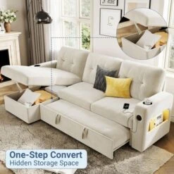 84" L-Shaped Sleeper Sofa Couch, Convertible Pull-Out Sofa Bed With Storage Chaise, Charging Station & LED Lights -Baxton Studio Shop GUEST 9615e259 44e5 45c5 b1e1 b9d3ebf35517