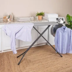 Household Essentials Ultra Ironing Board 4-Leg Cotton Cover Matte Black Frame Gray Cover: Collapsible Metal, 63" X 14.17"