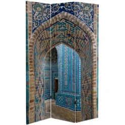 6" Double Sided Heavenly Archways Canvas Room Divider Blue/Beige - Oriental Furniture