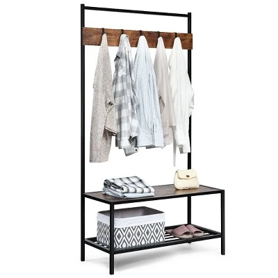 COSTWAY 3 In 1 Industrial Coat Rack Shoe Bench Entryway Hall Tree Storage Shelf W/ Hooks 10 COSTWAY 3 In 1 Industrial Coat Rack Shoe Bench Entryway Hall Tree Storage Shelf W/ Hooks - Image 10