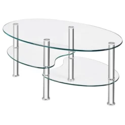Costway Tempered Glass Oval Side Coffee Table Shelf Chrome Base Living Room Clear -Baxton Studio Shop GUEST 99e13644 18d8 43a1 b391 7edbfc235f72