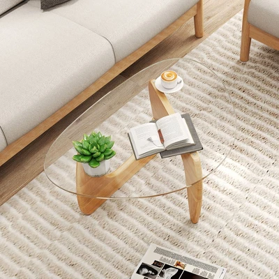 Tangkula Triangle Coffee Table W/ Tempered Glass Top & Adjustable Rubber Wood Base 2 Tangkula Triangle Coffee Table W/ Tempered Glass Top & Adjustable Rubber Wood Base - Image 2