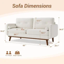 65" Loveseat Sofa, Mid Century Modern Couch Comfy Love Seat Couches For Living Room, 2 Seater Deep Seat Couch Linen Upholstered Couches