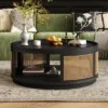 36.8'' Modern Round Coffee Table, 2 Tier Wooden Center Table With PE Rattan Side, Accent Cocktail End Table For Living Room Bedroom Office