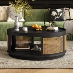 36.8'' Modern Round Coffee Table, 2 Tier Wooden Center Table With PE Rattan Side, Accent Cocktail End Table For Living Room Bedroom Office