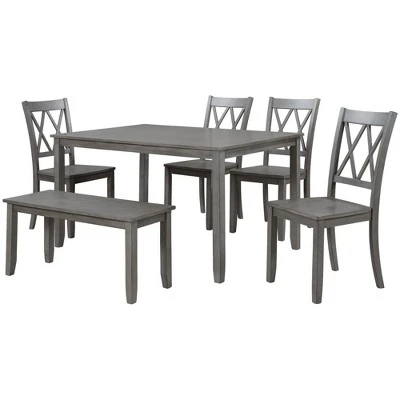 6-Piece Farmhouse Rustic Wooden Dining Table Set With 4 Cross Back Chairs And Bench - ModernLuxe 5 6-Piece Farmhouse Rustic Wooden Dining Table Set With 4 Cross Back Chairs And Bench - ModernLuxe - Image 5