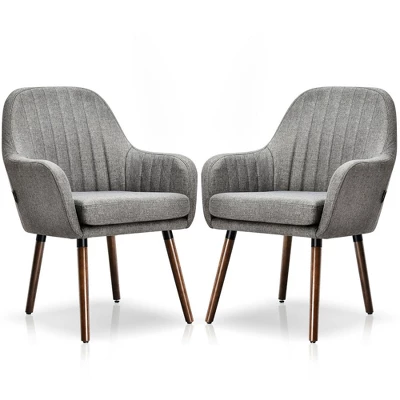 Costway Set Of 2 Accent Chairs Fabric Upholstered Armchairs W/Wooden Legs Beige/Gray 3 Costway Set Of 2 Accent Chairs Fabric Upholstered Armchairs W/Wooden Legs Beige/Gray - Image 3