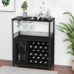 Corner Wine Rack, 3-Tier Freestanding Bar Cabinet For Kitchen, Living Room - 69x35x92cm With Glass Holder & Mesh Door -Baxton Studio Shop GUEST 9dc35927 90f8 45a0 bb2d f87433649731