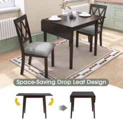 Foldable Dining Table Set For Small Space, 5 Pcs Set Farmhouse Style, Small Kitchen Table Set With Drop Leaf And 4 Dining Upholstered Chairs, Black
