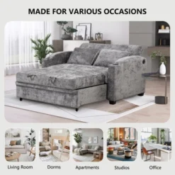 61.4" Pull Out Chenille Loveseat Sofa Bed With Adjustable Backrest, USB Ports, Cup Holders And Pillows -Baxton Studio Shop GUEST 9f89583b 91d9 4e79 a341 b60e28228c21