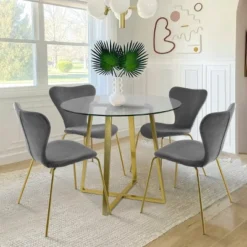 HANA+FLAVIA 5-Piece Round Clear Glass Gold Legs Dining Table Set With 4 Upholstered Chairs-The Pop Maison -Baxton Studio Shop GUEST a03ebcc3 c99c 4398 a81a c353197dd33c