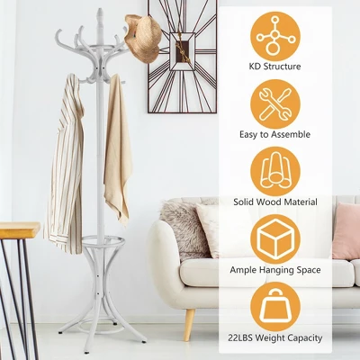 Costway Wood Standing Hat Coat Rack Jacket Bag Hanger Tree W/12 Hooks & Umbrella Stand 6 Costway Wood Standing Hat Coat Rack Jacket Bag Hanger Tree W/12 Hooks & Umbrella Stand - Image 6