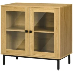 HOMCOM Small Storage Cabinet, Living Room Sideboard Cabinet With Double Glass Doors And Metal Legs For Dining Room Storage, Oak -Baxton Studio Shop GUEST a201282e d54d 48f6 9226 8d312b6e0cce