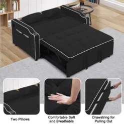 GustoWave Sleeper Sofa Couch Bed With Port, Modern 3-in-1 Convertible Velvet Pull Out Loveseat Futon Sofa, With Adjustable Backrest, Black -Baxton Studio Shop GUEST a2c02fe8 d73d 4b7a b05c c412d3da5ede