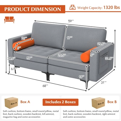 Costway Modern Loveseat 2-Seat Sofa Couch W/ 2 Bolsters Side Storage Pocket Ash Grey 3 Costway Modern Loveseat 2-Seat Sofa Couch W/ 2 Bolsters Side Storage Pocket Ash Grey - Image 3