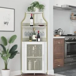 Homfan 5-Tier Corner Bar Cabinet With Lights, Adjustable Shelves & Glass Doors - Home Liquor Wine Display -Baxton Studio Shop GUEST a3fb0c62 4378 4665 ba62 67f0aac8a684