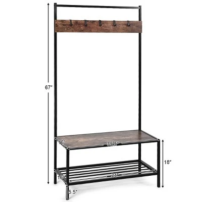 COSTWAY 3 In 1 Industrial Coat Rack Shoe Bench Entryway Hall Tree Storage Shelf W/ Hooks 3 COSTWAY 3 In 1 Industrial Coat Rack Shoe Bench Entryway Hall Tree Storage Shelf W/ Hooks - Image 3
