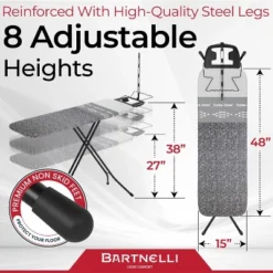 Bartnelli Heavy Duty Ironing Board 48x15, Shirt Master Square Edge, Turbo & Park Zone, Denim Gray
