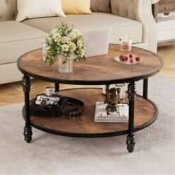 Whizmax Round Coffee Table, Rustic Wooden Surface Top & Sturdy Metal Legs Industrial Sofa Table For Living Room -Baxton Studio Shop GUEST a48a7a5f 327e 4635 b498 29f8fb798e5c