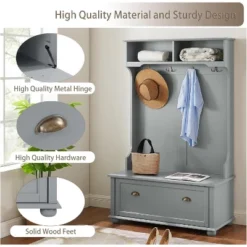 Acekool Gray Metal Hall Tree With Bench, Entryway Coat Rack Hooks & Open Storage Shelves, Compact Organizer For Entry