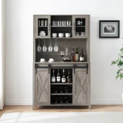 Garvee Coffee Bar Wine Cabinet With Sliding Barn Doors, 70" Tall Farmhouse Kitchen Hutch With Wine & Glasses Rack, For Kitchen, Dining Room -Baxton Studio Shop GUEST a70462d3 caf5 4c7e 8854 64182aac6eb0