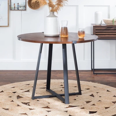 40" Urban Industrial Round Dining Table With Faux Wrap Leg Dark Walnut - Saracina Home 1 40" Urban Industrial Round Dining Table With Faux Wrap Leg Dark Walnut - Saracina Home