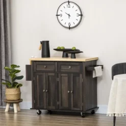 HOMCOM Kitchen Island On Wheels, Rolling Cart With Rubber Wood Top, Spice Rack, Towel Rack & Drawers For Dining Room, Brown Oak