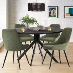 43'' Jones Solid Black Grain Round Dining Table With 4 Upholstered Fabric Tiny Armchairs With Metal Legs-The Pop Maison -Baxton Studio Shop GUEST a8406d27 7d59 4ea9 865a ad776376dc7c