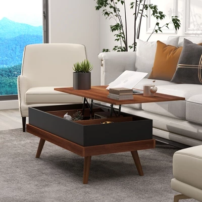 HOMCOM Lift Top Coffee Table, 39.25" Coffee Table With Hidden Compartments And Wood Legs, Walnut 4 HOMCOM Lift Top Coffee Table, 39.25" Coffee Table With Hidden Compartments And Wood Legs, Walnut - Image 4