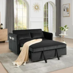 55" 3-in-1 Convertible Velvet Loveseat Sofa Bed With Adjustable Backrest, 2 Pillows, Side Storage Pocket, Space-Saving Design, Ideal For Living Room -Baxton Studio Shop GUEST ab44c7c1 aff5 4337 ac43 66744c18f545
