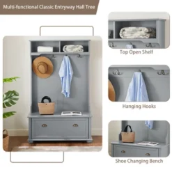 Modern Hall Tree Cosatal Style Entryway Storage Bench With Open Shelves And Shoe Cabinets, Coat Rack Storage Organizer For Hallway Living Room -Baxton Studio Shop GUEST ac00bebc da90 47fe 8262 d75ec1be0670