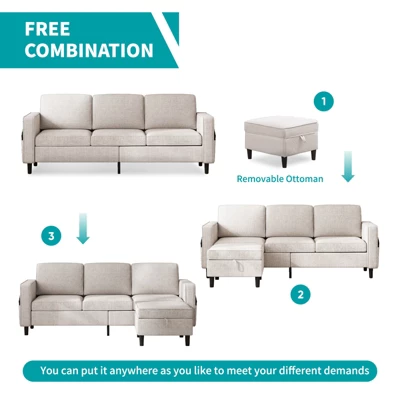 Mjkone Convertible Sectional Sofa Couch, 3-Seat L-Shaped Sofa With Storage Ottoman 2 Mjkone Convertible Sectional Sofa Couch, 3-Seat L-Shaped Sofa With Storage Ottoman - Image 2