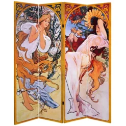 6' Tall Double Sided Four Seasons Canvas Room Divider - Oriental Furniture