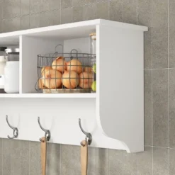 VANIRROR White Wall-Mounted Coat Rack With 4 Dual Hooks, Wooden Storage Shelf For Entryway And Living Room Organization -Baxton Studio Shop GUEST ad1ca8cd 82e9 4829 83f0 e10c9b49d06f