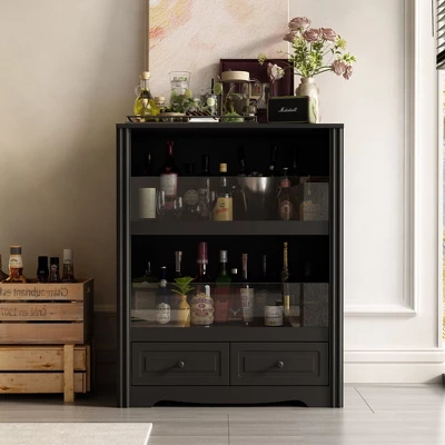 Famapy Black Wine Cabinet With A Two - Layer Semi - Open Structure. 11 Famapy Black Wine Cabinet With A Two - Layer Semi - Open Structure. - Image 11