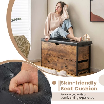 Costway Storage Ottoman Bench Flip Top Wooden Storage Chest With Cushion & 2 Drawers 6 Costway Storage Ottoman Bench Flip Top Wooden Storage Chest With Cushion & 2 Drawers - Image 6