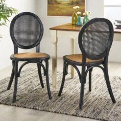 Set Of 2 Dining Chair With Elm Wood Frame, High Back Dining Chairs With Caned Seat And Rounded Backrest-Maison Boucle