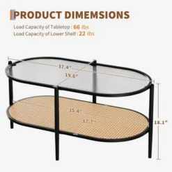 2-Tier Rattan Coffee Table, Boho Oval Coffe Table With Tempered Glass Top
