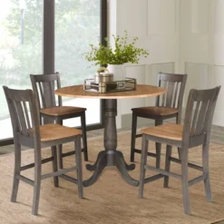 5pc 42" Round Dual Drop Leaf Counter Height Dining Table With 4 Splat Back Stools Hickory/Washed Coal - International Concepts
