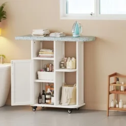 ORRD Solid Wood Folding Ironing Board With Storage Cabinet, Heat Resistant Sponge And Wheels For Small Spaces, Laundry Room - Antique White -Baxton Studio Shop GUEST afa19aa2 89e8 4d11 902e 86d48fde4340