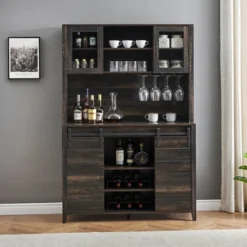 WhizMax 70" Farmhouse Coffee Bar Wine Cabinet With Sliding Barn Doors, Tall Kitchen Hutch With Wine & Glasses Rack, For Kitchen, Dining Room, Oak -Baxton Studio Shop GUEST afa5115e 661d 412e bc7b fe0762b7d71c